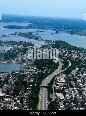 Aerial view of the Throgs Neck Bridge as seen from Queens looking towards New York City, Tuesday, June 7, 2022. Photo by Jennifer Graylock-Graylock.co Stock Photo