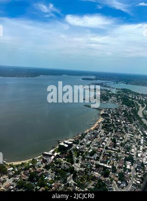 Aerial view of the Throgs Neck Bridge as seen from Queens looking towards New York City, Tuesday, June 7, 2022. Photo by Jennifer Graylock-Graylock.co Stock Photo