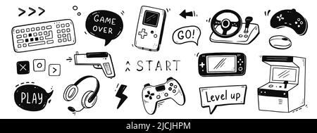 Video game hand drawn doodle set. Video gamer console, joystick, controller element. Computer retro, arcade play background. Vector illustration. Stock Vector