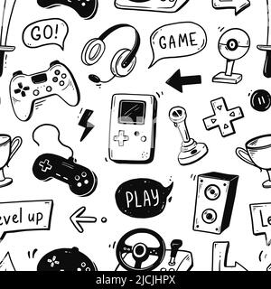 Video game hand drawn doodle seamless pattern. Video gamer console, joystick, controller element. Computer retro, arcade play background, wallpaper, pattern. Vector illustration. Stock Vector