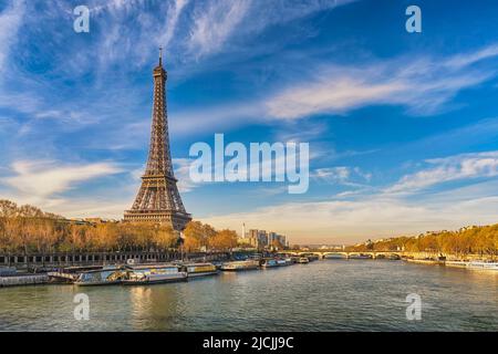 Paris France city skyline at Eiffel Tower and Seine River Jena Bridge Stock Photo