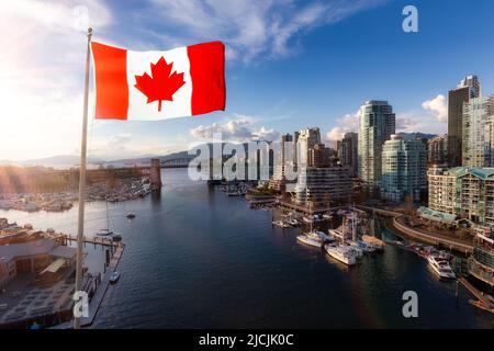 Canadian National Flag Overlay. False Creek, Downtown Vancouver, British Columbia, Canada. Stock Photo