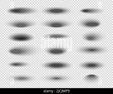 Round oval realistic transparent shadow effects and object shades. Isolated vector transparent shadows overlay with soft shades from side, floor bottom and top surface in round oval gradient Stock Vector