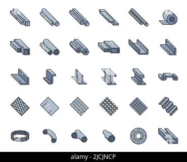 Color steel and aluminum rolled metal, stainless profile outline icons. Vector pipes, tubes, bars and beams, wire mesh and gratings, angle, square and rebar, steel stripes and sheet rolls Stock Vector