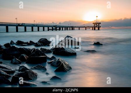 Burgas, Bulgaria. 16th Sep, 2020. Sunrise over the Pier at the Sea ...