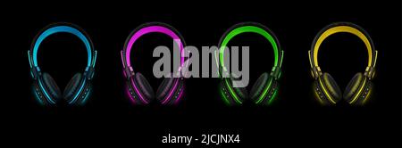 Neon headphones for listen music, dj audio headset isolated on white background. Vector realistic set of 3d colour glow stereo earphones, accessory with sound speakers in front view Stock Vector