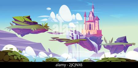 Fantasy summer landscape with magic pink castle and floating islands. Vector cartoon illustration with ground pieces with royal palace, green grass and waterfall flying in sky Stock Vector