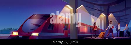 People with luggage on railway station platform at night. Vector cartoon illustration of city landscape with station in electric lamp light, speed train on rails and passengers with suitcases Stock Vector