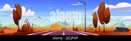 Autumn landscape with car road, street lights and mountains on horizon. Vector cartoon illustration of countryside panorama with asphalt highway, orange trees, fields and rocks Stock Vector