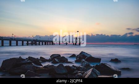 Burgas, Bulgaria. 16th Sep, 2020. Sunrise over the Pier at the Sea ...