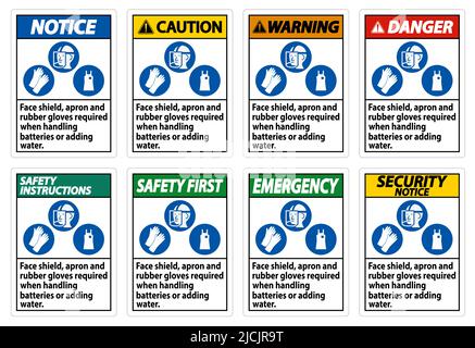 Face Shield, Apron And Rubber Gloves Required When Handling Batteries or Adding Water With PPE Symbols Stock Vector