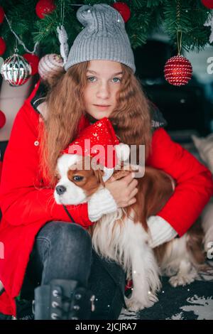 charming teenage girl with red fluffy wavy long shaggy hair looks into camera, holding dog in arms. The King Charles Spaniel breed. Blurred portrait Stock Photo
