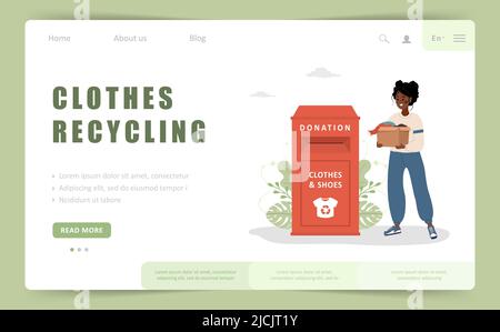 Clothes recycling landing page template. African woman with cardboard box gives things for donation. Clothing bin or recycle container. Volunteering Stock Vector
