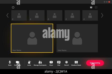 Videocall interface, video call screen or conference chat app, vector computer UI template. Web video call on mobile phone or computer display with buttons, online webinar window frames Stock Vector