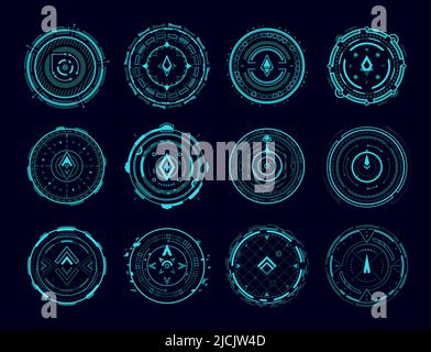 HUD compass, aim control panel elements, vector digital interface radars. HUD futuristic technology or game compass or target position arrows, navigation and tracking gauges of spaceship dashboard Stock Vector