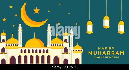 flat happy muharram and islamic new year background illustration with mosque, moon, and stars Stock Vector