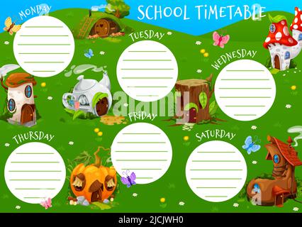 Education timetable schedule cartoon village of gnome or elf houses. Vector school lessons weekly planner template with mushroom, teapot, old boot and amanita, pumpkin, hillock and stump homes frame Stock Vector