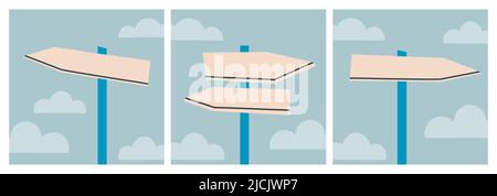 Set of illustrations with flat wayfinding signage. Road sign, arrow or fork. Mocap for your text. Vector EPS 10. Stock Vector