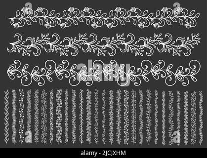 Floral embellishments, borders and dividers of twigs and sprigs, vector flourish frames. Outline floral twigs and sprigs, vintage ornate pattern with flowers and leaves for filigree decoration Stock Vector