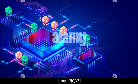 Abstraction concept of Quantum CPU. Electronic CHIP, components on print circuit board. Glass futuristic processor and hardware parts of computer on P Stock Vector
