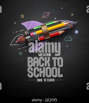 Welcome back to school vector design. Rocket ship launch made with learning arts supplies in blackboard background. Vector Illustration. Stock Vector