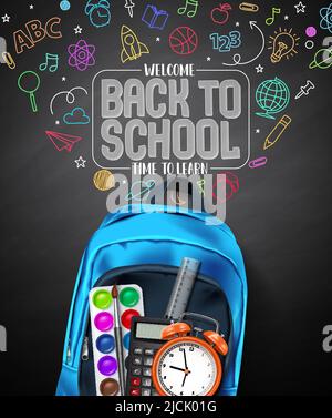 Back to school vector poster design. Welcome back to school in doodle hand drawn education elements and icon in blackboard background. Vector Stock Vector