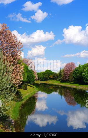 White nice clouds on blue sky with reflection on river Stock Photo