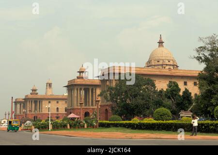 Buildings on the side of Rajpath boulevard in New Delhi, Delhi, India. Stock Photo