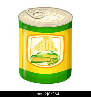 Canned sweet corn in tin can with corn cob on label isolated on white background. Canned food, long term storage product concept. Vector illustration Stock Vector