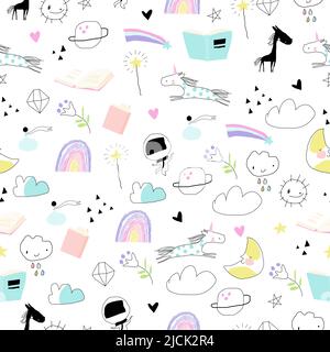 Seamless Pattern with Fantasy Unicorn,Rainbow,Books on White Background Stock Vector