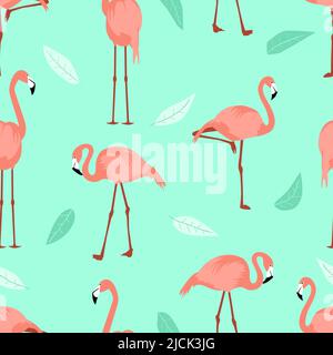 Seamless summer pattern flamingo turquoise foliage background. Exotic wading birds different poses. Side view flamingos for cover kids backdrops nurse Stock Vector