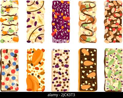 Healthy granola bars. Isolated honey bar with nuts cereal and dried fruits. Muesli cookies, protein energy snacks with seeds. Decent vector fast food Stock Vector