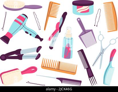 Cartoon hair tools. Hairdressing equipment and accessories, cutting and cosmetics professional elements. Grooming comb, barber decent vector elements Stock Vector