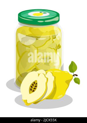 Packaged jar of quince fruit compote. Canned quince slices in sweet sugar syrup. Cartoon vector isolated on white background Stock Vector