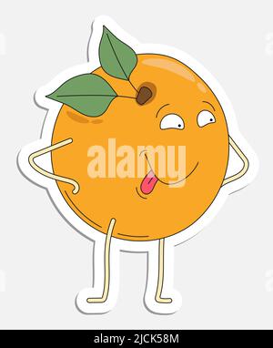 Peaceful apricot fruit character with smile on face. Healthy fruits and vegetables. Hand drawn cartoon icon with stroke. Cartoon vector sticker isolat Stock Vector