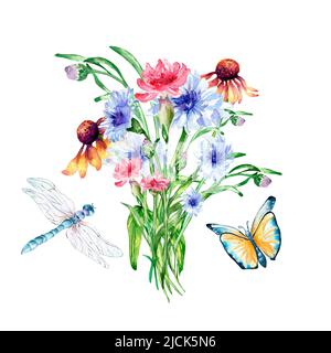 Meadow blue. pink flowers bouquet, butterfly, dragonfly, cornflower and carnation watercolor illustration isolated. Wildflowers hand painted. Design e Stock Photo