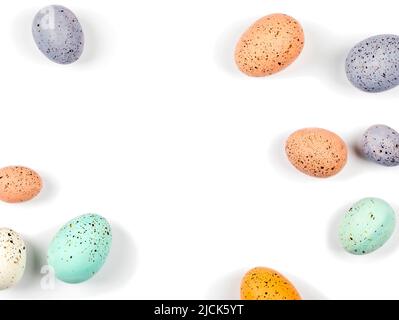 Easter eggs. Easter decoration. Happy Easter card.  Top view of easter colored eggs, Copy space. Stock Photo