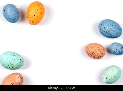 Easter eggs. Easter decoration. Happy Easter card.  Top view of easter colored eggs, Copy space. Stock Photo