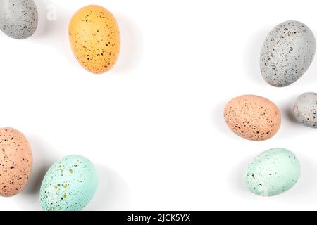 Easter eggs. Easter decoration. Happy Easter card.  Top view of easter colored eggs, Copy space. Stock Photo