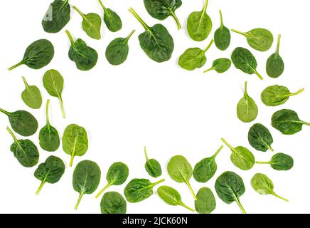 Fresh spinach leaves isolated on white background, top view, copy space. Stock Photo