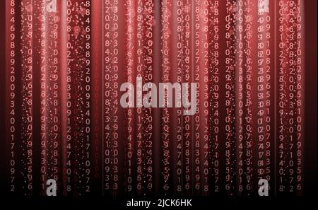 Technology abstract background, matrix style, red color, falling numbers. Digital binary data flow dust on screen. Programming concept, secure data Stock Vector
