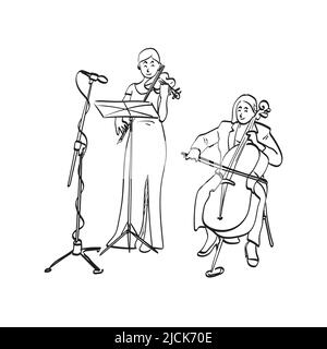 woman playing violin and cello with microphone illustration vector hand drawn isolated on white background line art. Stock Vector