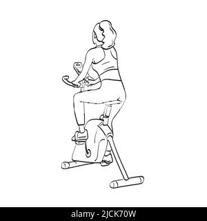 rear view fitness woman working out on exercise bike at the gym illustration vector hand drawn isolated on white background line art. Stock Vector
