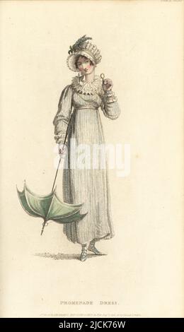 Regency woman in promenade dress with lorgnette. High dress in rich satin-striped sarsnet of celestial blue and white, French lace ruff, French bonnet of tull, satin strings, silk parasol. Vol. 14, Plate 11, August 1, 1815. Handcoloured copperplate engraving by Thomas Uwins from Rudolph Ackermann's Repository of Arts, Strand, London. Stock Photo