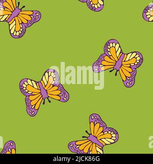 Seamless vector pattern with beautiful butterflies on green background. Simple summer meadow wallpaper design. Stock Vector