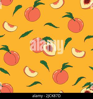 Seamless vector pattern with peaches on yellow background. Simple bright fruit wallpaper design. Decorative summer apricot fashion textile. Stock Vector