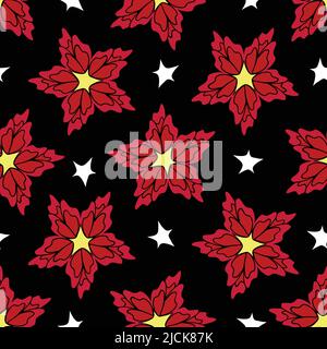 Seamless vector pattern with red flowers and stars on black background. Christmas floral wallpaper design with poinsettias. Holiday fashion textile. Stock Vector