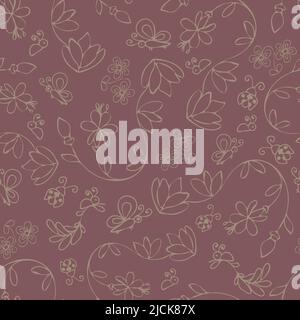 Seamless vector pattern with flowers and bugs on purple background. Simple gentle outlined floral wallpaper design. Stock Vector