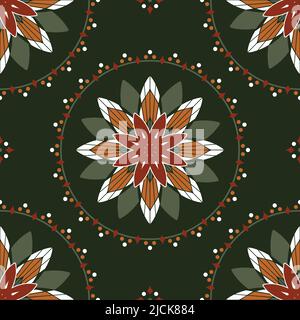 Seamless vector pattern with flower circle on dark green background. Simple vintage floral wallpaper design. Decorative flower bloom fashion textile. Stock Vector