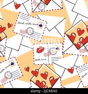 Seamless vector pattern with vintage envelopes on light pink background. Romantic message wallpaper design with love hearts. Stock Vector